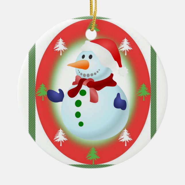 Christmas Circle Ornament, Snowman Ceramic Tree Decoration (Front)
