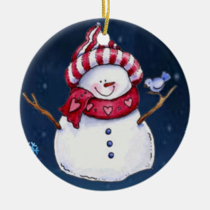 Christmas Circle Ornament, Snowman Ceramic Tree Decoration