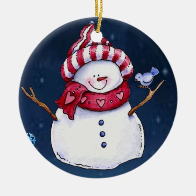 Christmas Circle Ornament, Snowman Ceramic Tree Decoration (Front)