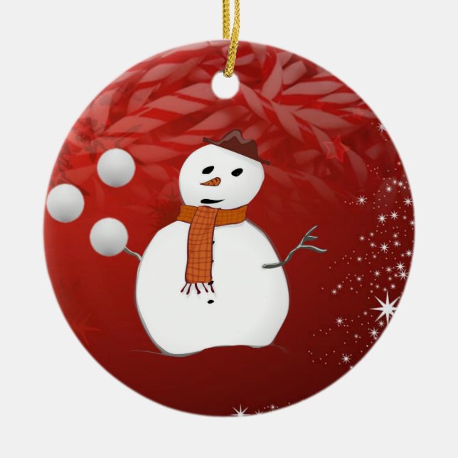 Christmas Circle Ornament, Snowman Ceramic Tree Decoration (Front)