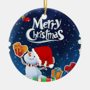 Christmas Circle Ornament, Snowman Ceramic Tree Decoration