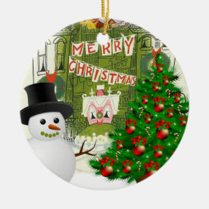 Christmas Circle Ornament, Snowman Ceramic Tree Decoration