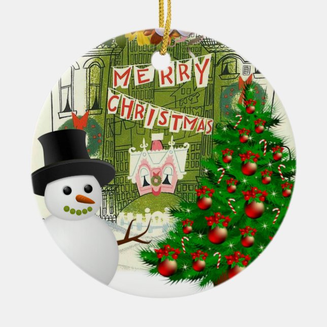 Christmas Circle Ornament, Snowman Ceramic Tree Decoration (Front)