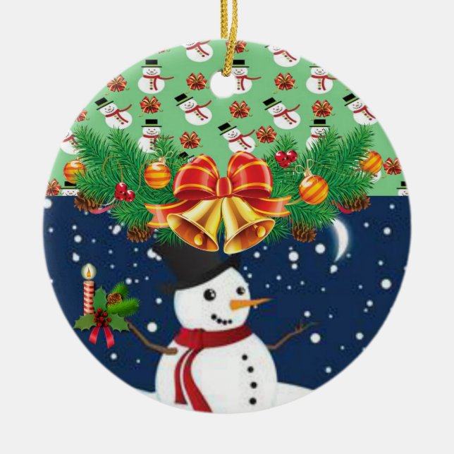 Christmas Circle Ornament, Snowman Ceramic Tree Decoration (Front)