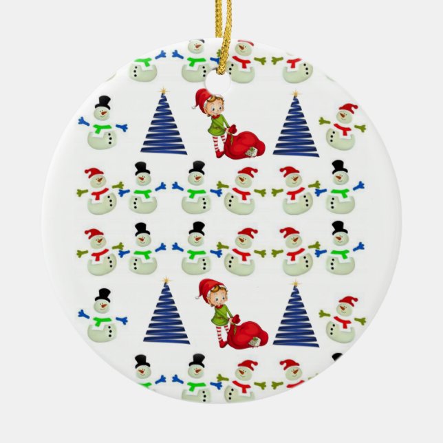 Christmas Circle Ornament, Snowman Ceramic Tree Decoration (Front)