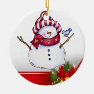 Christmas Circle Ornament, Snowman Ceramic Tree Decoration
