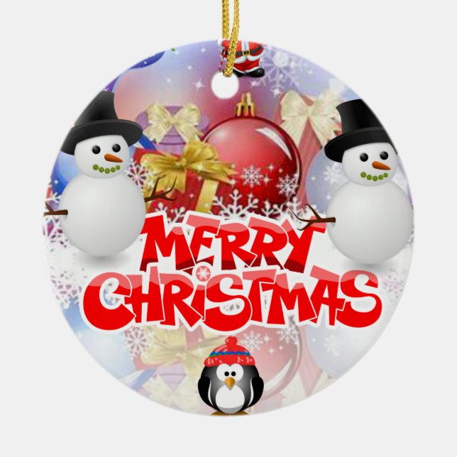 Christmas Circle Ornament, Snowman Ceramic Tree Decoration (Front)