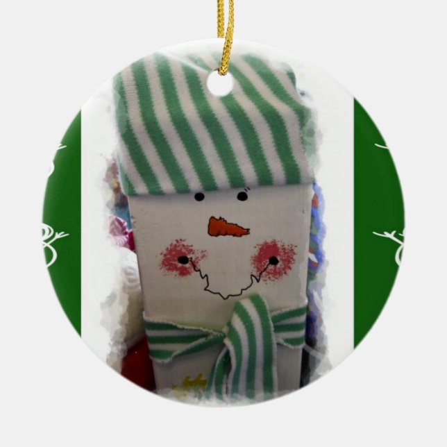 Christmas Circle Ornament, Snowman Ceramic Tree Decoration (Front)