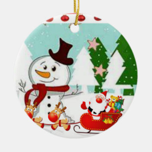 Christmas Circle Ornament, Snowman Ceramic Tree Decoration