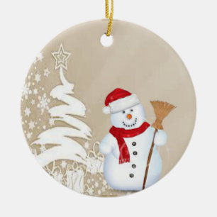 Christmas Circle Ornament, Snowman Ceramic Tree Decoration
