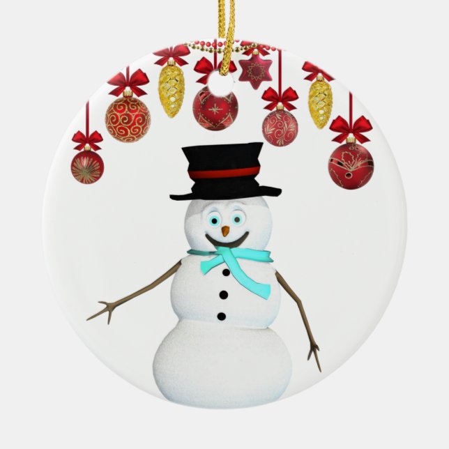 Christmas Circle Ornament, Snowman Ceramic Tree Decoration (Front)