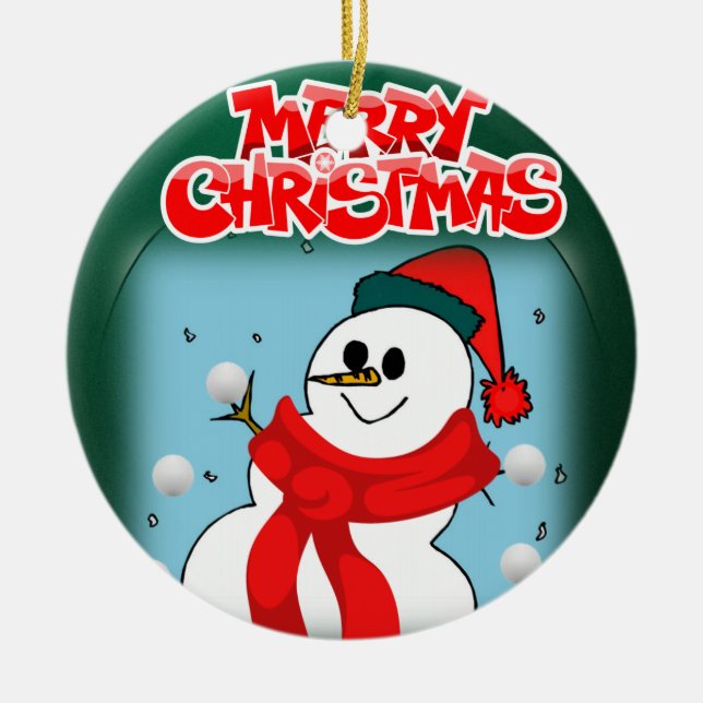 Christmas Circle Ornament, Snowman Ceramic Tree Decoration (Front)