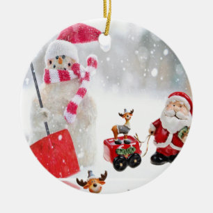 Christmas Circle Ornament, Snowman Ceramic Tree Decoration