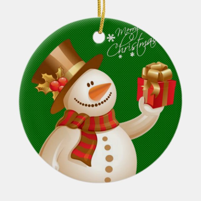 Christmas Circle Ornament, Snowman Ceramic Tree Decoration (Front)