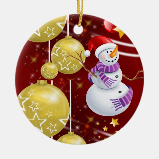 Christmas Circle Ornament, Snowman Ceramic Tree Decoration (Front)