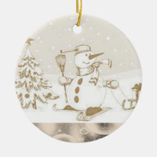 Christmas Circle Ornament, Snowman Ceramic Tree Decoration