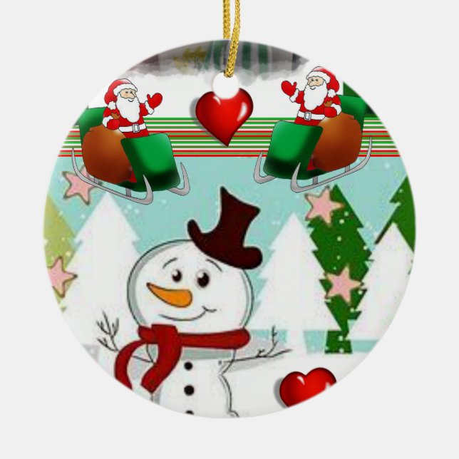 Christmas Circle Ornament, Snowman Ceramic Tree Decoration (Front)