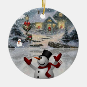 Christmas Circle Ornament, Snowman Ceramic Tree Decoration
