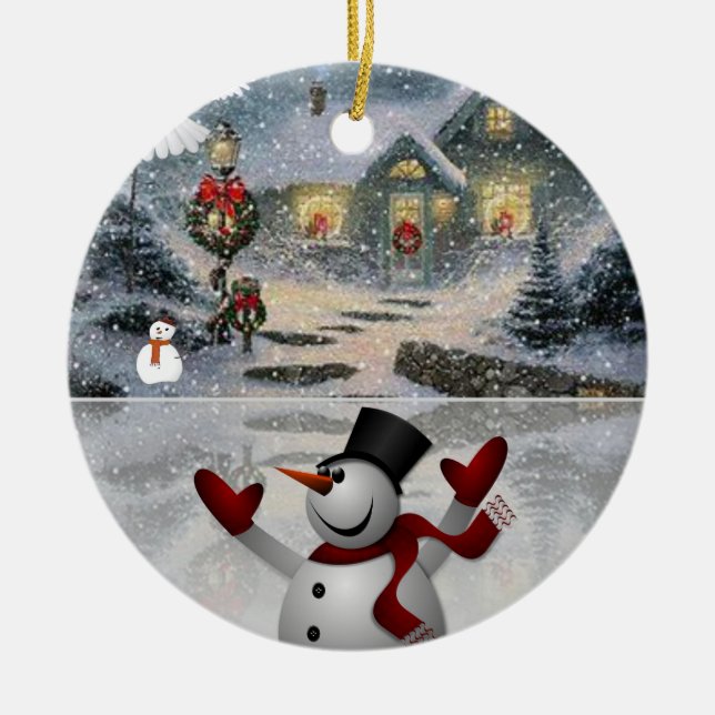 Christmas Circle Ornament, Snowman Ceramic Tree Decoration (Front)