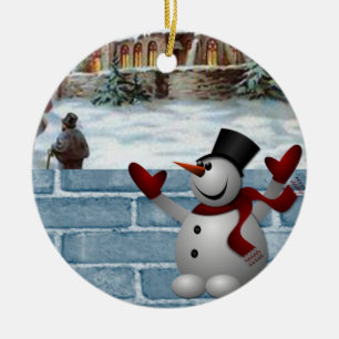 Christmas Circle Ornament, Snowman Ceramic Tree Decoration