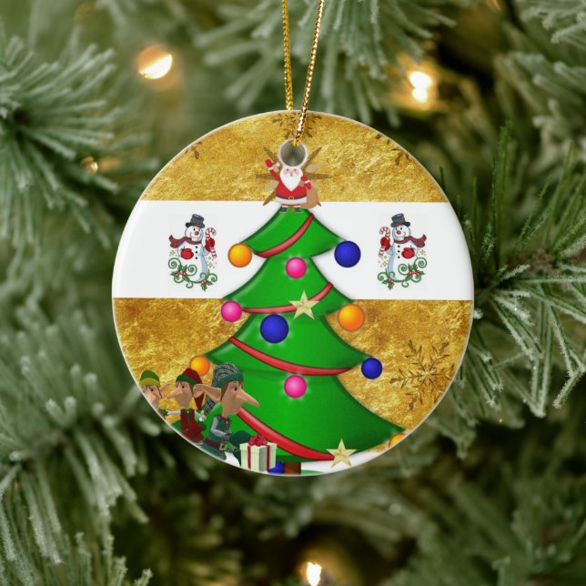 Christmas Circle Ornament, Snowman Elf Ceramic Tree Decoration (Tree)