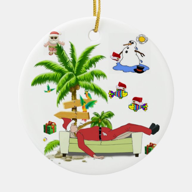 Christmas Circle Ornament, Summer Beach Bum Santa Ceramic Tree Decoration (Front)