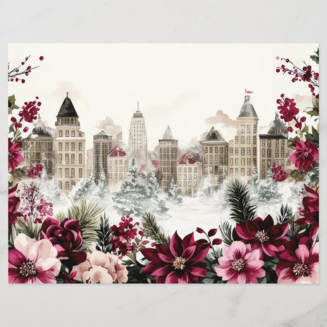Christmas City and Flowers Scrapbook Paper (Front)