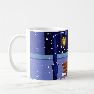 Christmas cityscape with street lamp, tree and gif coffee mug