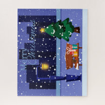 Christmas cityscape with street lamp, tree and gif