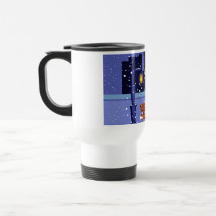 Christmas cityscape with street lamp, tree and gif travel mug