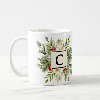 Christmas Classic Floral Initial Monogram Coffee Mug