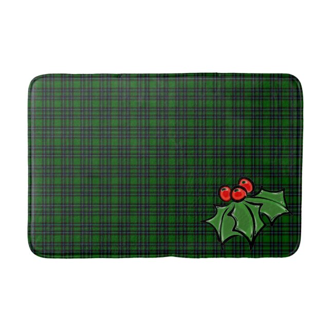 Christmas classic green plaid red holly leaves bath mat (Front)