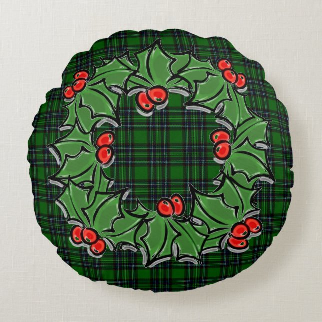 Christmas classic green plaid red holly leaves round cushion (Front)