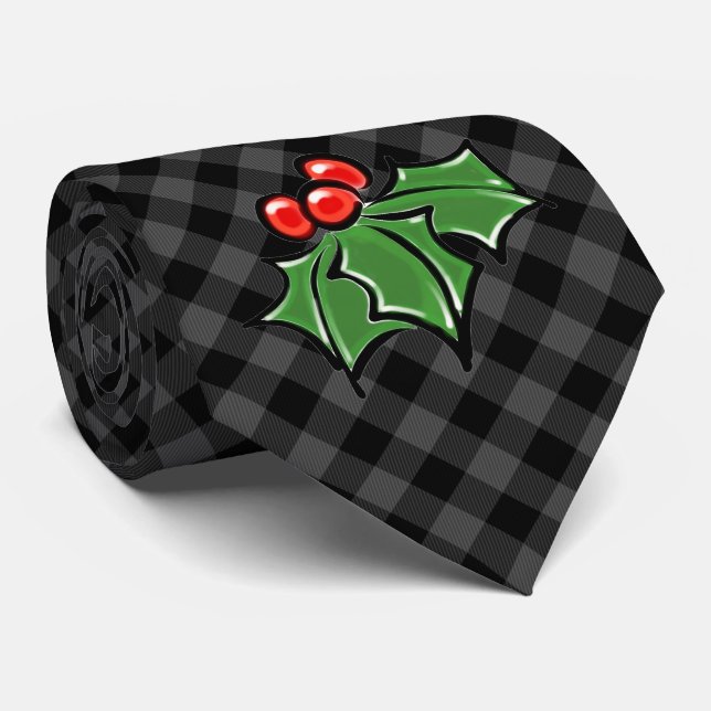 Christmas classic grey Plaid Holly berries leaves Tie (Rolled)
