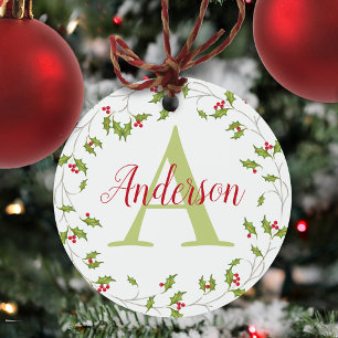 Christmas Classic Holiday Red Holly Monogram Metal Tree Decoration