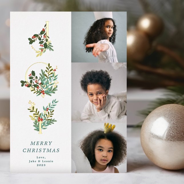 Christmas Classic Mint Botanical JOY Collage Photo Foil Holiday Card (Creator Uploaded)