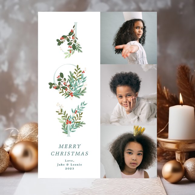 Christmas Classic Mint Botanical JOY Collage Photo Holiday Card (Creator Uploaded)