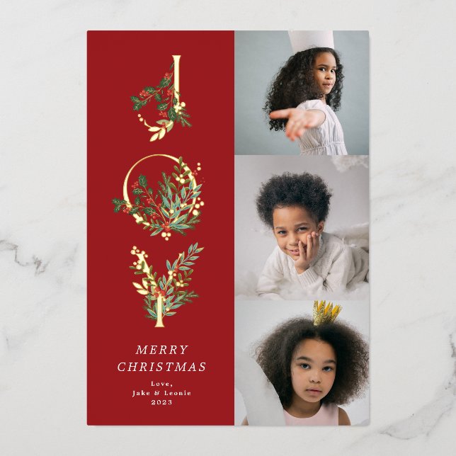 Christmas Classic Red Botanical JOY Collage Photo Foil Holiday Card (Front)