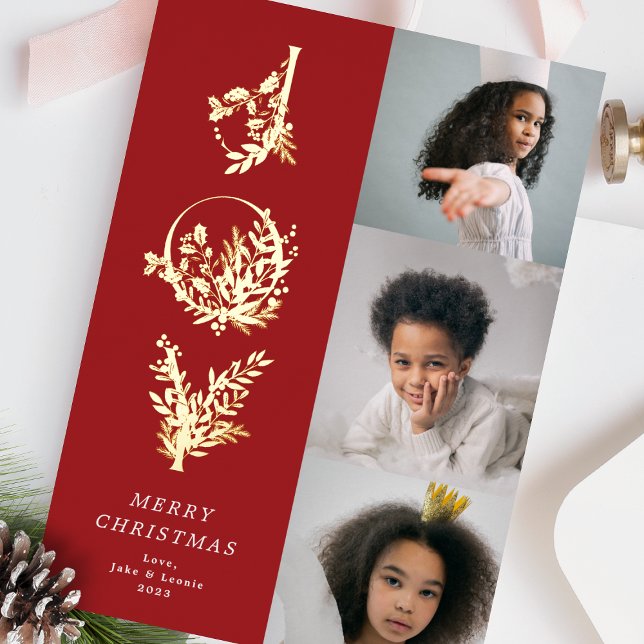 Christmas Classic Red Leafy Bold JOY Collage Photo Foil Holiday Card (Creator Uploaded)