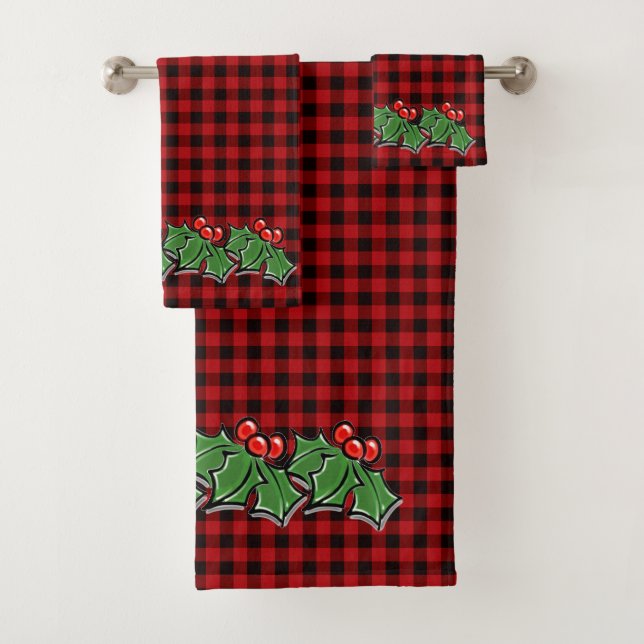 Christmas classic Red Plaid Holly berries leaves Bath Towel Set (Insitu)