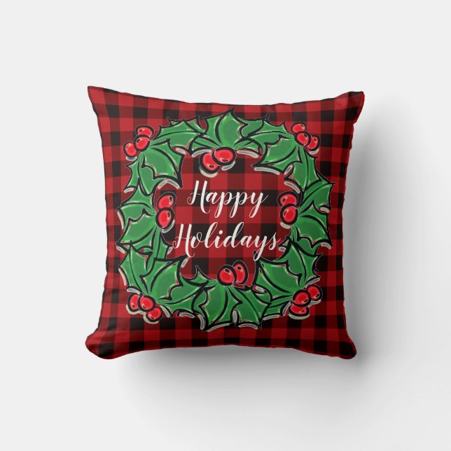 Christmas classic Red Plaid Holly berries leaves Cushion (Front)