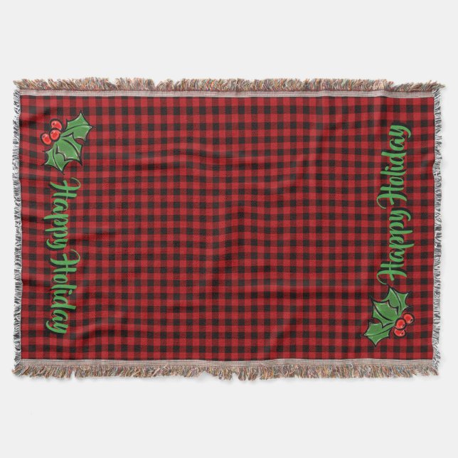 Christmas classic Red Plaid Holly berries leaves Throw Blanket (Front)