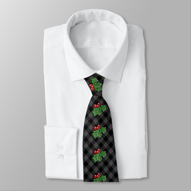 Christmas classic Red Plaid Holly berries leaves Tie (Tied)