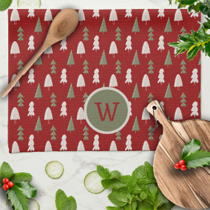 Christmas Classic Trees Custom Monogram Red Tea Towel