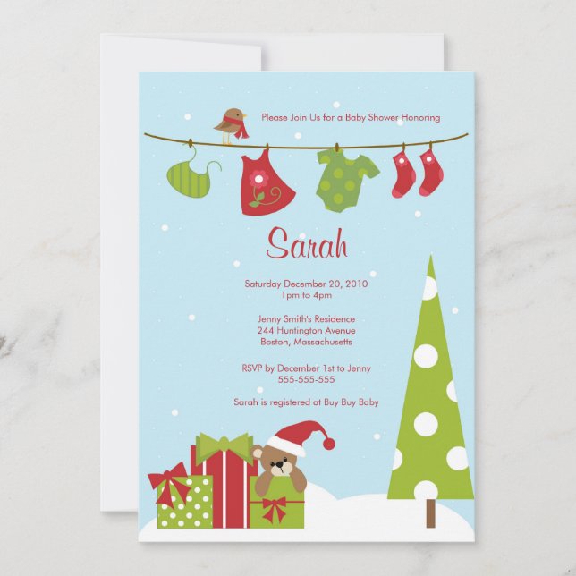 Christmas Clothesline Baby Girl Shower Invite (Front)