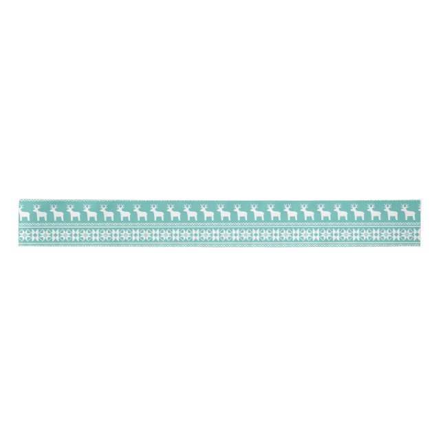 Christmas Coastal Teal Snowflake Reindeer Pattern Satin Ribbon (Front)