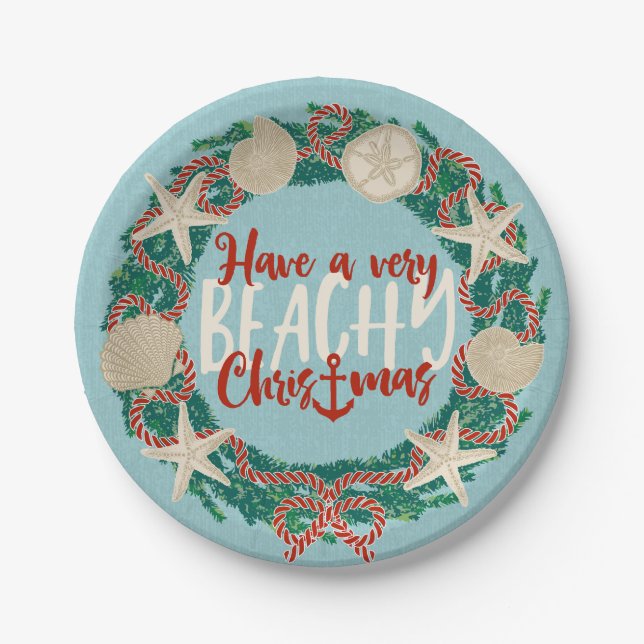 Christmas Coastal Tropical Sea Shell Wreath - Aqua Paper Plate (Front)
