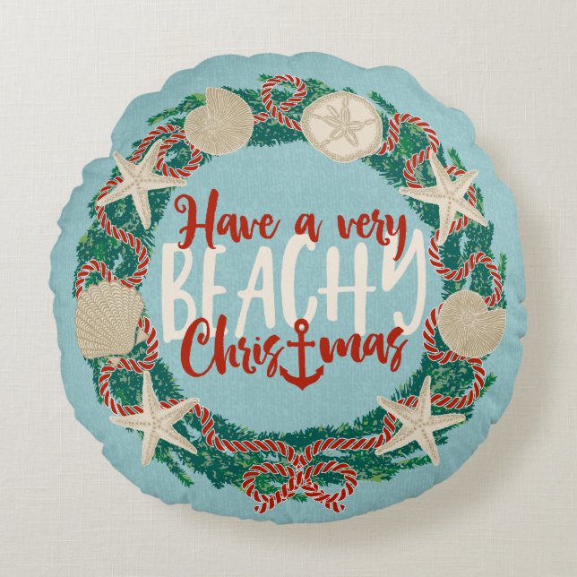 Christmas Coastal Tropical Sea Shell Wreath -Aqua Round Cushion (Front)