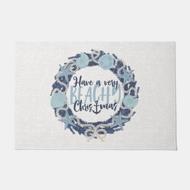 Christmas Coastal Tropical Sea Shell Wreath -Blue Doormat (Front)