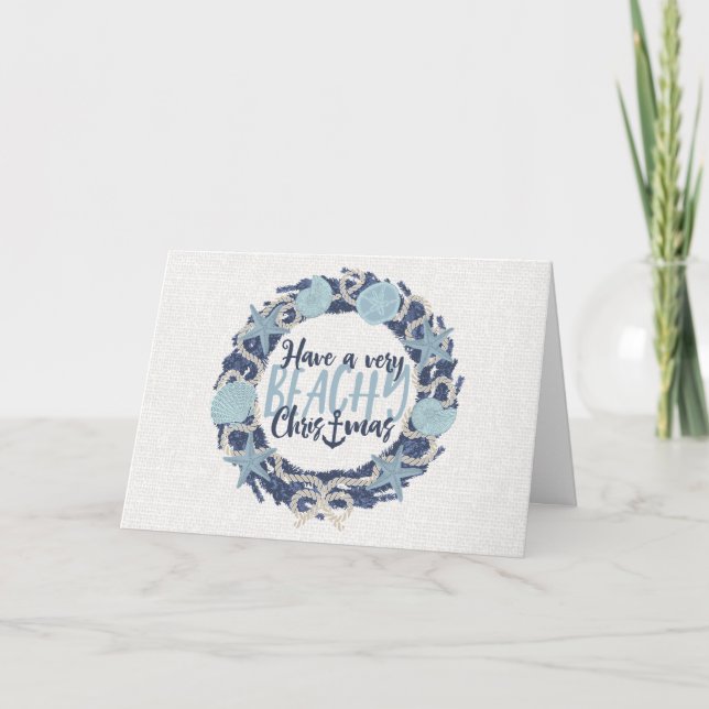 Christmas Coastal Tropical Sea Shell Wreath _Blue Holiday Card (Front)